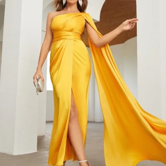 Luxe One shoulder Party Formal Evening Prom Satin Wedding Dress - Picture 4 of 16